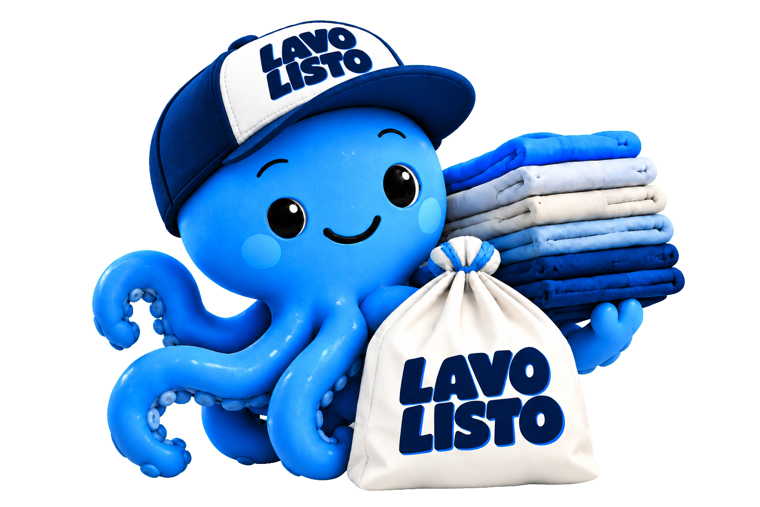 Mascota Lavo Listo con una bolsa de lavandería y ropa doblada